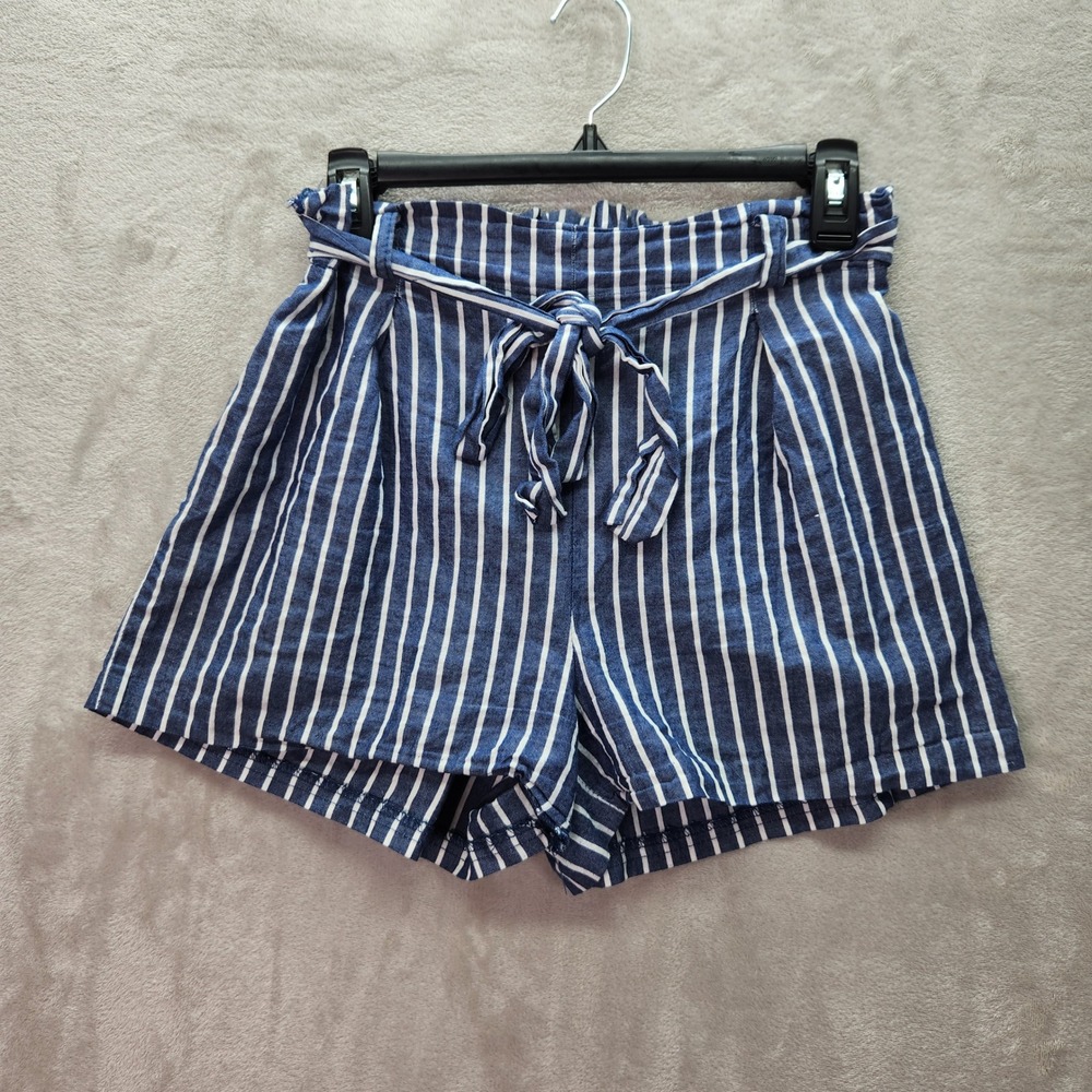 Charlotte Russe Shorts Womens Medium‎ Blue White Striped Belted High Rise Cotton